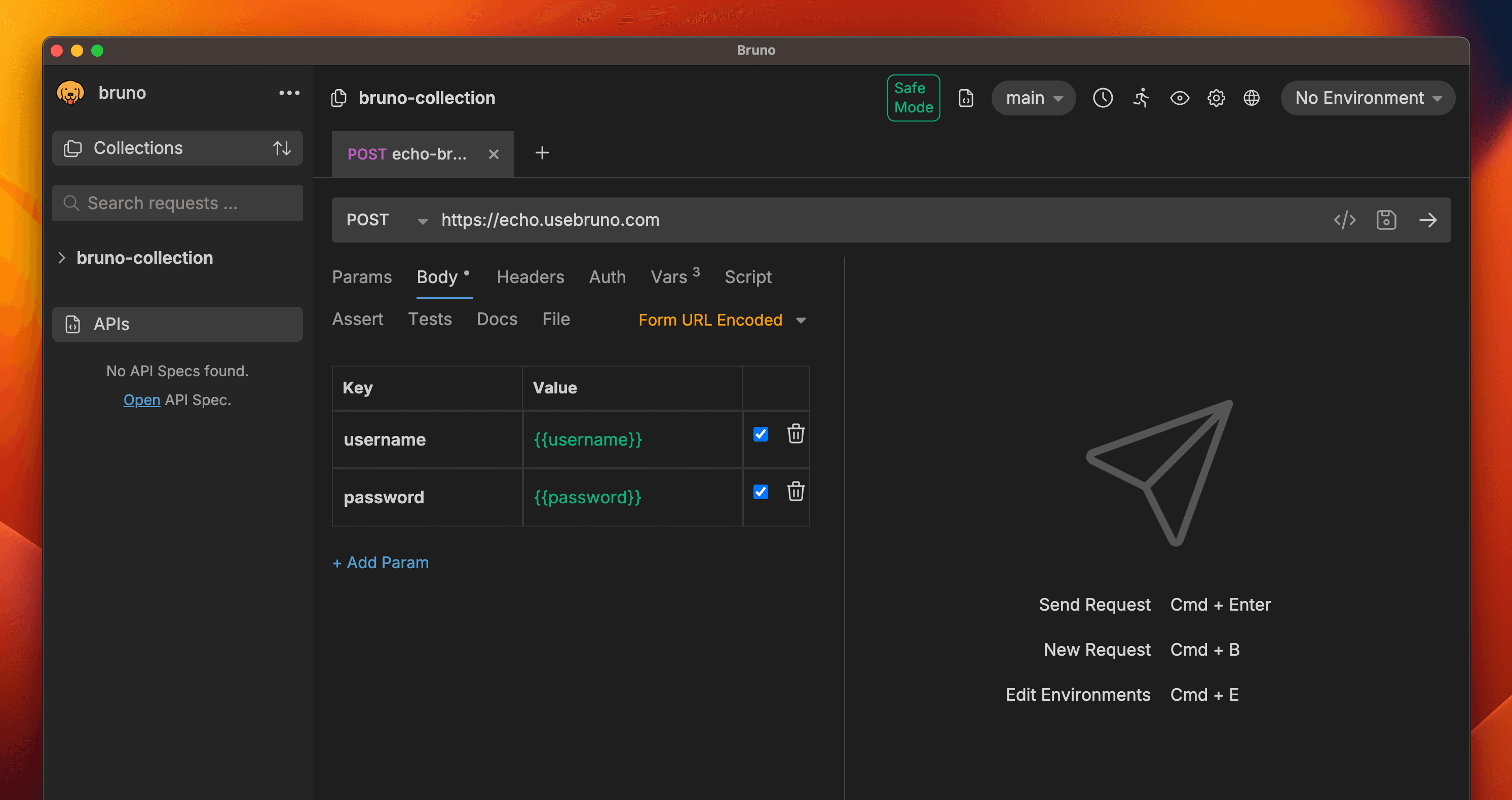 Screenshot showing how to use defined variables in the request body