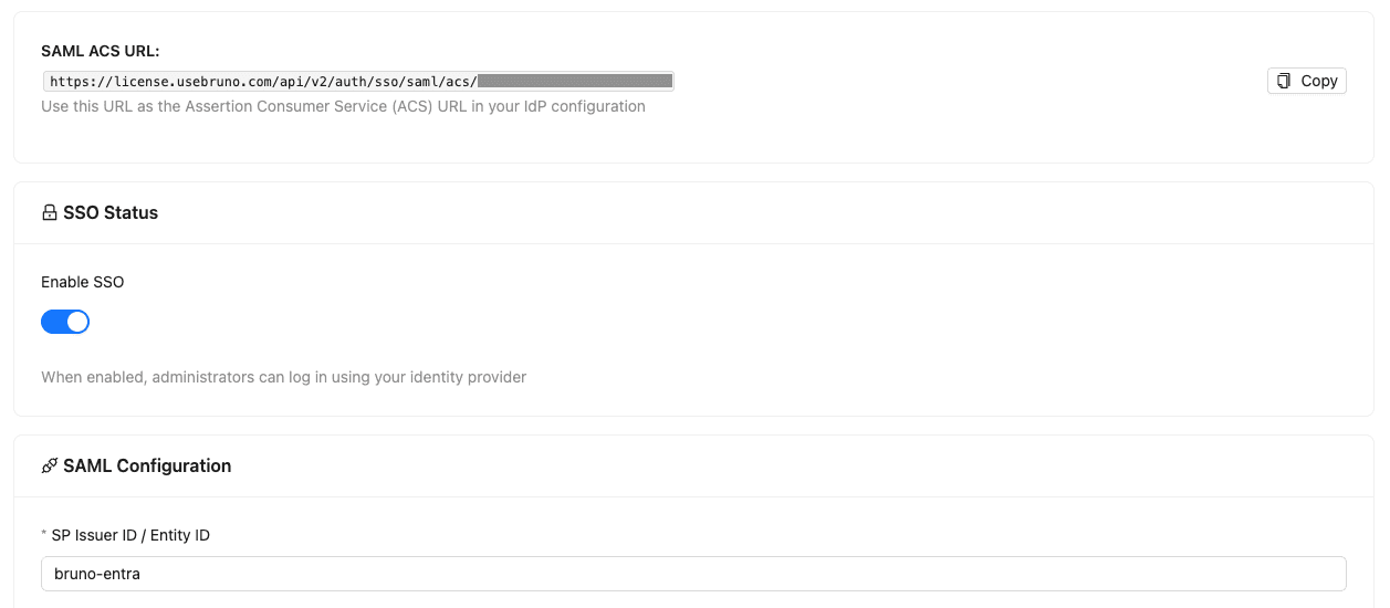 Bruno SSO Configuration settings page