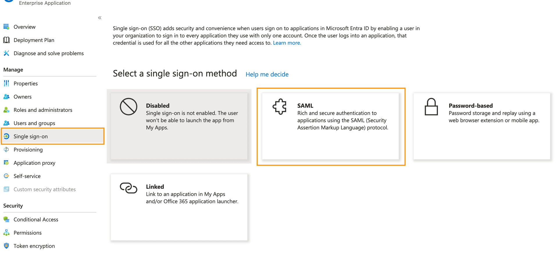 Select SAML as single sign-on method in Entra ID